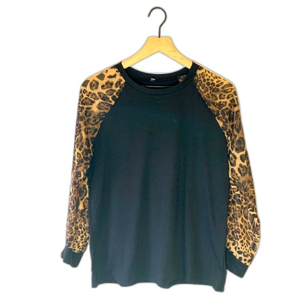 Womens XL Black Top Leopard Sheer Sleeves Raglan Long Sleeve Blouse - Picture 2 of 4